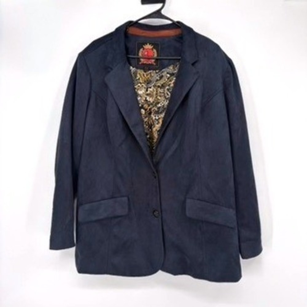 Isaac Mizrahi Live Blazer Womens 2X Navy Blue Faux Suede Paisley Lined Estate